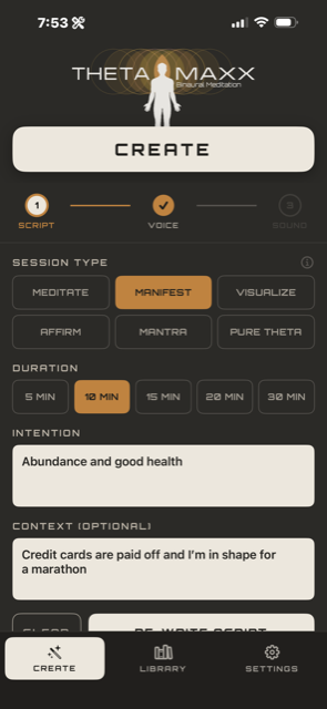 Create step 1 — pick a session type, duration, and intention