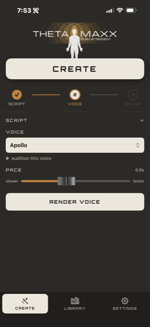 Create step 2 — pick a voice, audition it, set the pace