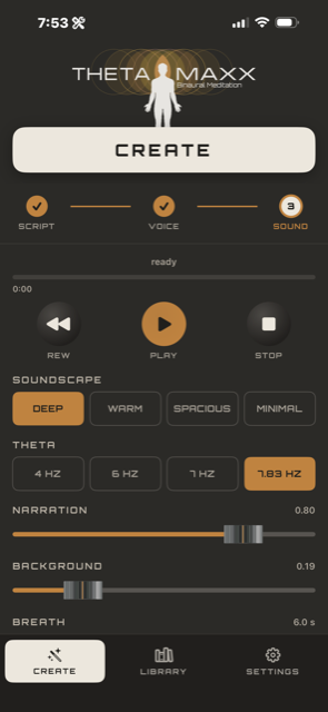 Create step 3 — soundscape, theta band, and the playback transport